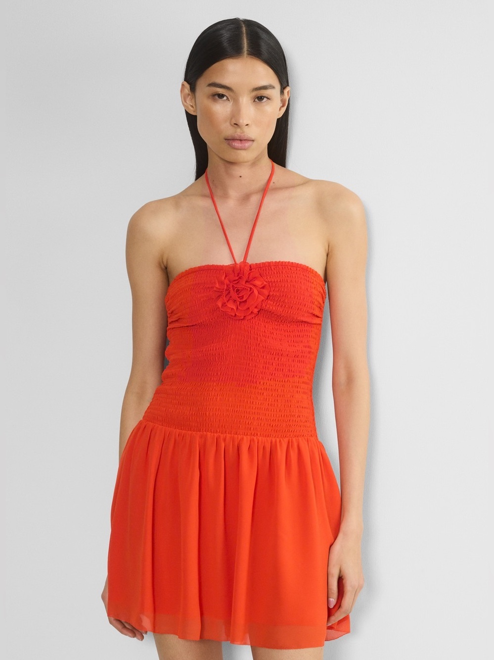Wilfred Aritzia Red Smocked Halter Mini Dress | Coquette Floral Detail Dress 2XS